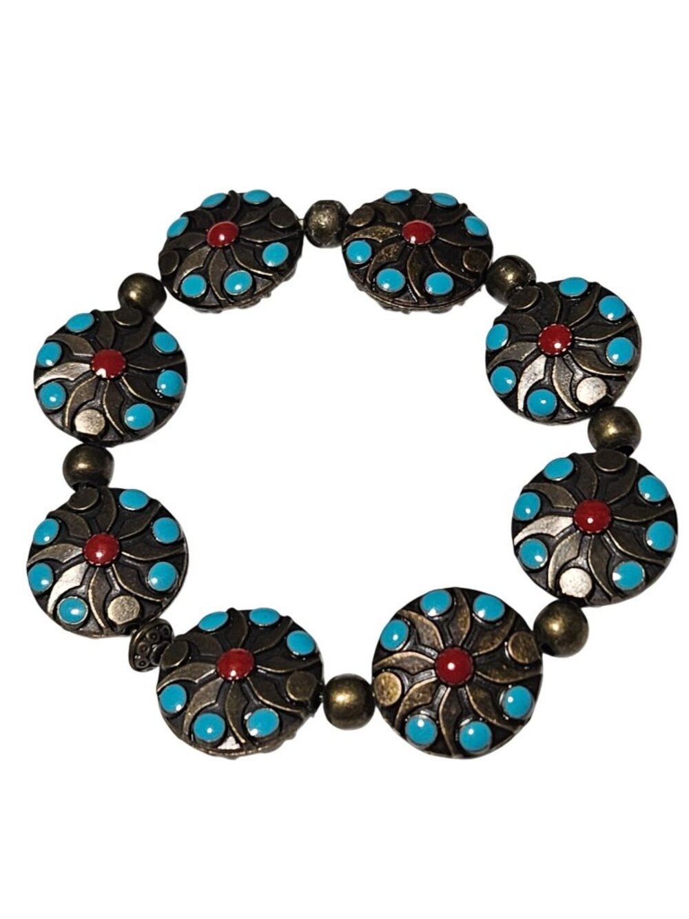 Vintage Bronze Bracelet Southwest Bohemian Turquoise Red Accents Elastic Band